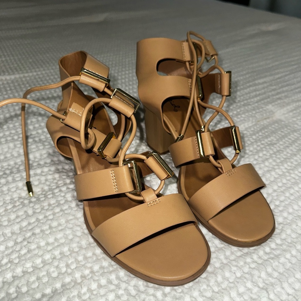 Qupid Tan Strappy Heels with Gold Accents